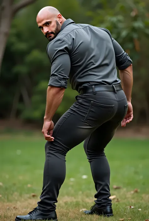 realistic photography, 35-year-old bald muscular (((athletic man))) , nalgon from the back, stripe dark gray formal oxford shirt and very tight dark gray jeans, in profile, Big butt, viendo a cámara,  black eyes, in the yard, sexy man, very big butt, very ...