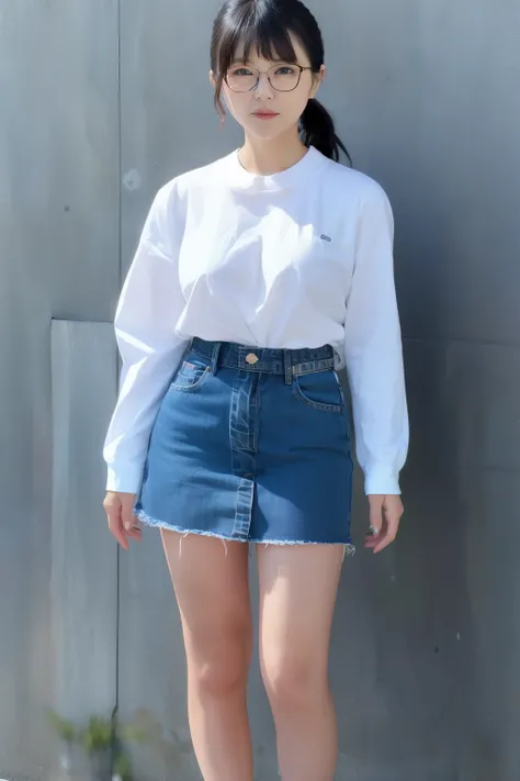 full body shot、30-year-old Japanese woman、Glasses、low ponytail、bungs、denim skirt、WhiteＴ shirt、SMALLE BREASTS、 (( No Background ))