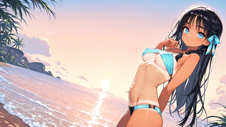 ((1girl, solo)), standing in the water at the beach, (()), ((dark tan girl), (tan skin), cute girl, (()), ((skinny)), ((petite)), (long hair), (side braid), ((black hair with STREAKS OF BLUE in her hair)), pastel colors, perfect ass, ((tight bikini top)), ...