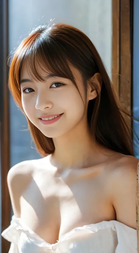 masterpiece,best quality,(Japanese girl),((Beautiful girl)),cleavage,(off shoulder:1.2),(perfect body beauty:1.2),(shy smile)