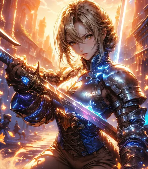 (Agrias Oaks\(Final Fantasy Tactics\),score_9, score_8_Excellent, score_7_Excellent, 32K ,detailed depiction 、 Girl Destroys with a Sword in Her Hand, Luxurious Sword, blond hair, braided ponytail ,brown eyes,shoulder armor, armor, corset ,(brown pants:1...