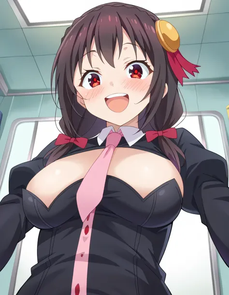 high image quality during sick leave,high quality、 
Yunyun、 black hair, hair accessory, red eyes,   Long Sleeve, tie,   Outfit Cutout, cleavage cutout, pink tie、See viewer、(blush:1.2)、(best smile:1.2)、(from below:1.2), low angle, (focus on breast), (lookin...