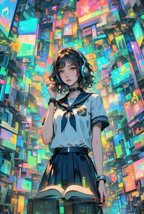 Breathtakingly Beautiful, Thrilling Works , A girl is expanding her forbidden book, The book is thick and decayed, The book is a great tradition and the viewer is bound, big headphones:1.331, 5 Anatomically Accurate Fingers :1.331, Hair,, wave hair, Cou...