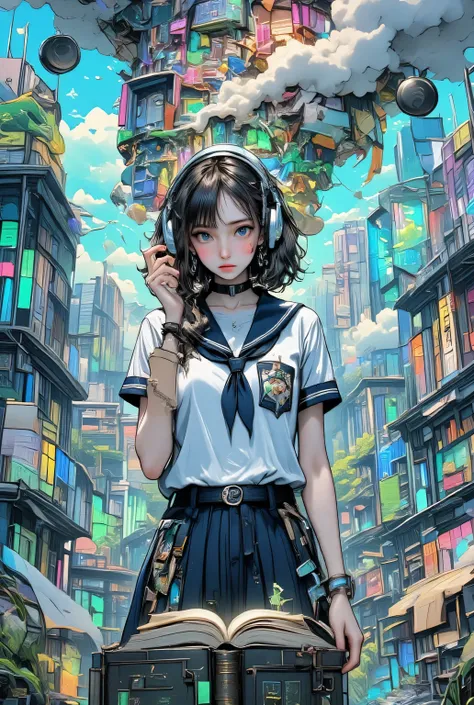 Breathtakingly Beautiful, Thrilling Works , A girl is expanding her forbidden book, The book is thick and decayed, The book is a great tradition and the viewer is bound, big headphones:1.331, 5 Anatomically Accurate Fingers :1.331, Hair,, bob cut hair,...