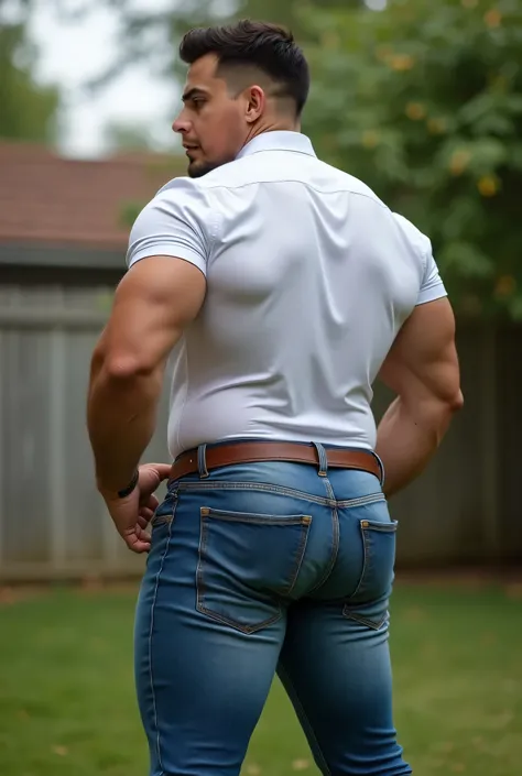 realistic photography, 35-year-old muscular (((athletic man))) , very big butt, brushed to the side, view From below, nalgon in profile, stripe white formal shirt and very tight blue levis 501 jeans, brown belt, in profile, Big butt, viendo a cámara, black...