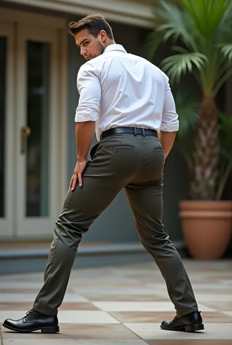 Fotografía realista, 35-year-old muscular (((atletic man))) , , View from below, nalgon de perfil, stripe white formal shirt and very tight dark khaki trousers, brown belt, de perfil, Big butt, viendo a cámara, ojos negros, en el patio, hombre sexy, muy na...