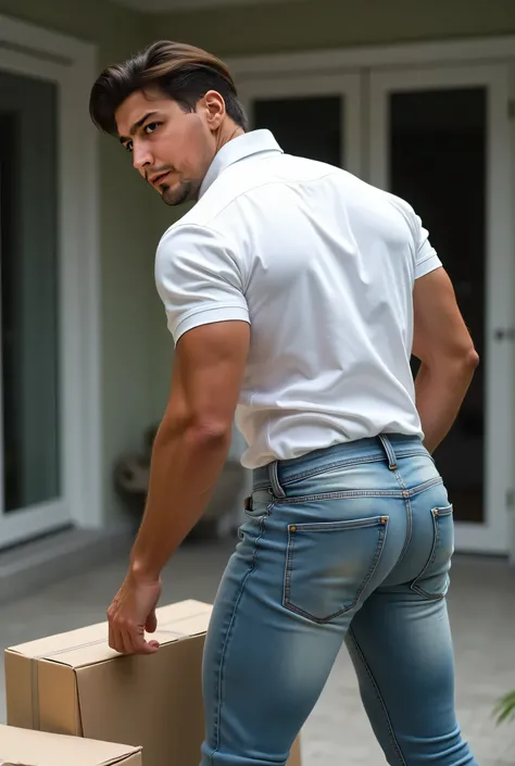 Fotografía realista, 35-year-old muscular (((atletic man))) ,nalgon bent over taking a package from floor, peinado hacia un lado, View from below, nalgon de perfil, stripe white formal shirt and very tight pale blue levis jeans, brown belt, de perfil, Big ...