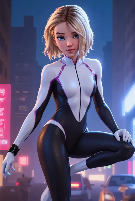 Spider-Gwen (Gwen Stacy) from to Marvel jumping through the neon lights of the city at night. She is wearing her iconic white and black suit with purple web patterns. Her blond hair flutters in the wind, secured with a black armband. hangs behind her back ...