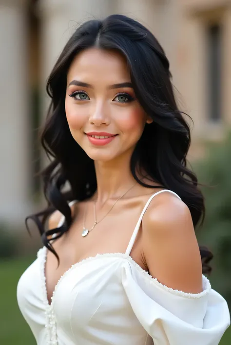  Beautiful 18 year old girl, blue eyes and shoulder-length black hair , big beautiful breasts, beautiful face, angelic and tender look , perfect makeup, wearing an elegant white dress in a castle,  photo shoot  