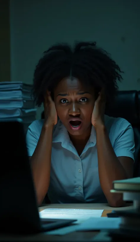 a horrified secretary (office) receiving a chilling email demanding money, cinematic suspense, (African), medium close up shot