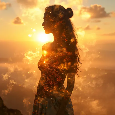 photoillustration of double exposure of merged, a lady, a sunrise, (transparency effect of a sunrise image lay on her back), seamless mix, texture and pattern, transparency effect on her back, iconic stance, dramatic shadows, dramatic lights, interlacing e...