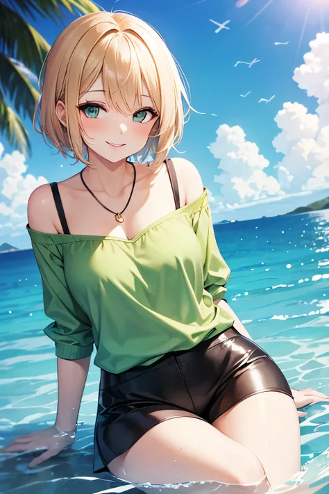 At sea　winking woman　 playing in the water　smile　short hair green clothes