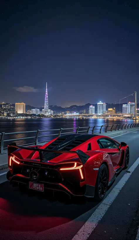 Hyperrealistic, cinematic lighting, 8K, UHD, perfectly rendered image of a Lamborghini Veneno sitting on the bridge, with its rear and right side visible. Its carbon fiber body is a glossy, metallic red, reflecting the night light. The door windows and win...
