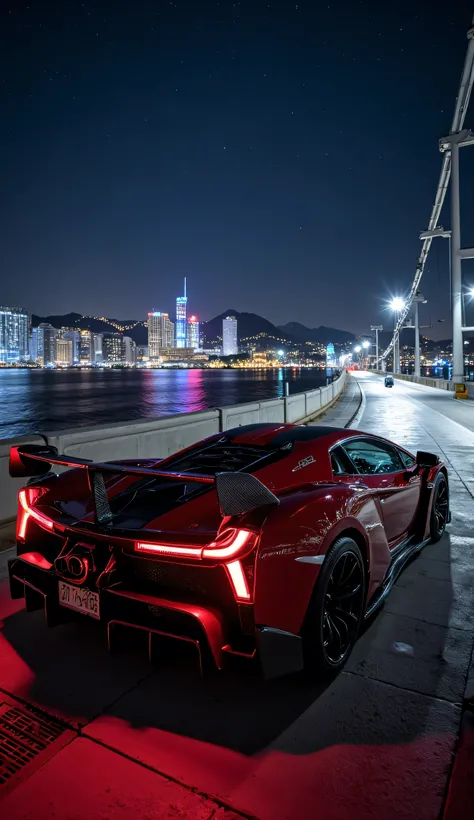 Hyperrealistic, cinematic lighting, 8K, UHD, perfectly rendered image of a Lamborghini Veneno sitting on the bridge, with its rear and right side visible. Its carbon fiber body is a glossy, metallic red, reflecting the night light. The door windows and win...