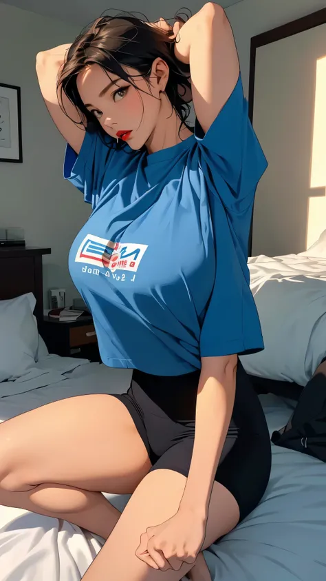 realisticlying、((Female, 48 years old))、(((Grab your own chest)))Strengthen your ace by wearing a dark blue T-shirt,Chest super large zoom,Cleavage emphasis,((The gaze looking down on you from the bed that crawls over everything,Red lips,A sexy,Bed sit,Ope...