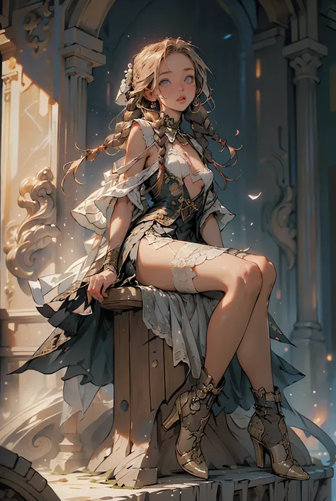 (((masterpiece, of the highest quality, super detailed))), 1girl, (big forhead:1.2),extremely detailed cute anime face, (((flat chest))), ((flat chest:1.1)),((((long twin braids,tight braids,long braid,braided hair,long hair)))), long hair, red hair, white...