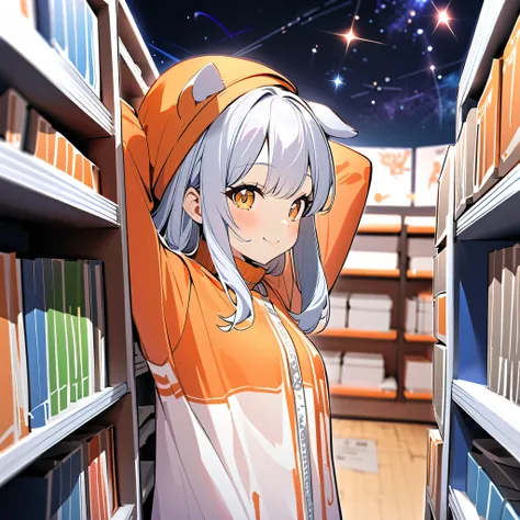 8k,smile, girl with dog ears making shelves , Silver Hair, White Ear, Paint the wall,Fantastic Space,Artistic, Beautiful Sights ,A lot of orange,with a hat,