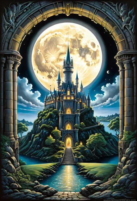 masterpiece. Castle poster with full moon in the background, View from the cave, Pure black background above and below. Detailed drawing inspired by Gaston Bussiere, shutter, Fantasy Art, Magic Castle, Magic Background, Glowing Castle. The Art of Harry Pot...