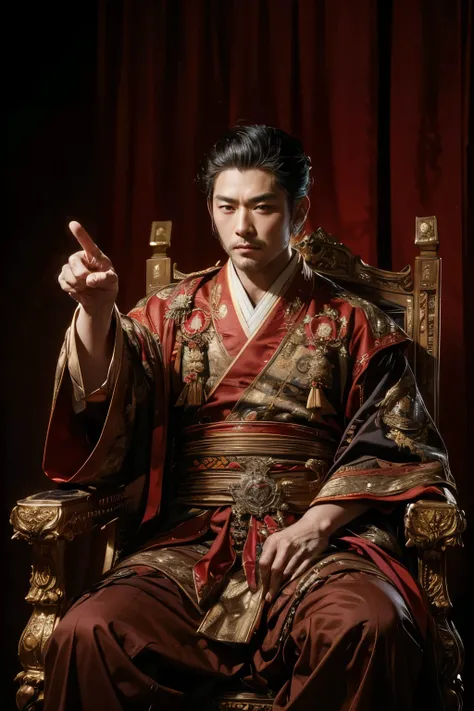 top quality、Very detailed、 sit on the throne 、the emperor points his finger and gives instructions to his vassals、he is a Japanese man、He's a Heian aristocrat、he's wearing a gorgeous costume、He's young and handsome、He's full of energy