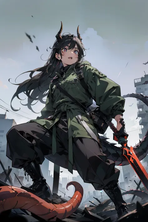  1 man , black hair, slightly long hair,  odd-eye, red left pupil with longitudinal pupil, Black right pupil, black dragon scales covering half of the left face, sharp fangs, Black dragon horn on top of left head, dark green puffy jacket, black puffy long ...