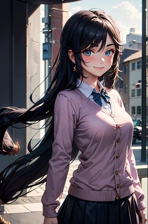 mona, upper body, smile, blush, outdoors, day, simple background, blue sky, long hair, sky, city, looking at viewer, moody lighting, school uniform long sleeves, large breast, hair down, close up, pink jacket