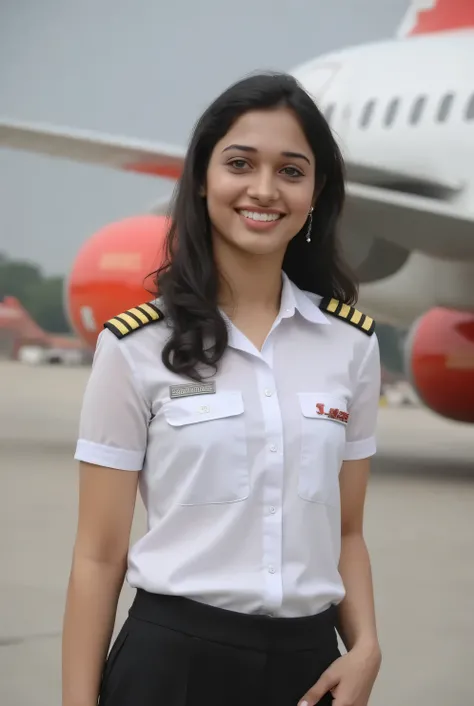 A highly realistic portrait of an 18-year-old female  pilot from SpiceJet airline, wearing a crisp pilot's uniform, standing confidently. The framing is from the waist up, featuring a warm, innocent smile that captivates the viewer. In the blurred backgrou...