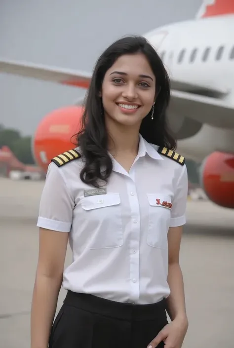 A highly realistic portrait of an 18-year-old female  pilot from SpiceJet airline, wearing a crisp pilot's uniform, standing confidently. The framing is from the waist up, featuring a warm, innocent smile that captivates the viewer. In the blurred backgrou...