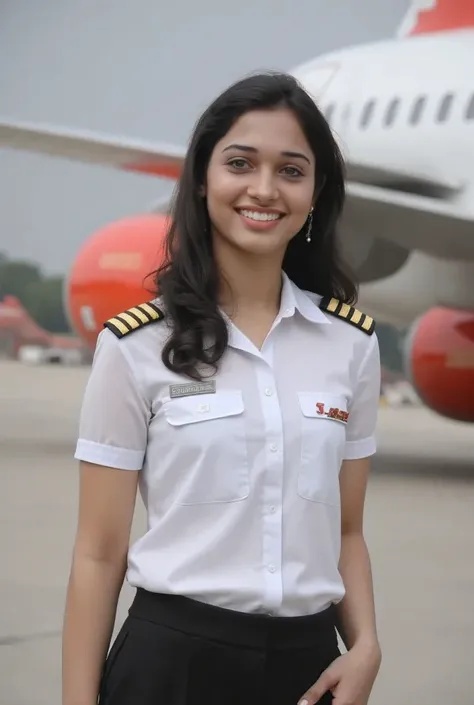 A highly realistic portrait of an 18-year-old female  pilot from SpiceJet airline, wearing a crisp pilot's uniform, standing confidently. The framing is from the waist up, featuring a warm, innocent smile that captivates the viewer. In the blurred backgrou...