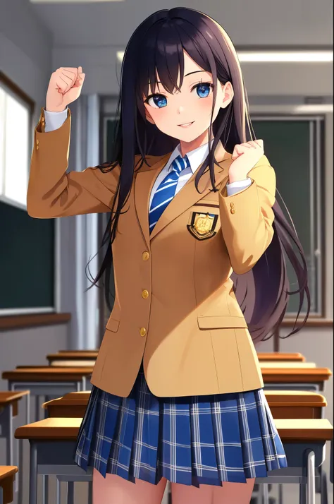 masterpiece, best quality, absurdres, perfect anatomy, 1girl, solo, high school student ,long hair, school uniform, camel blazer,buttoned blazer, blue striped tie, blue checkered plaid skirt,thigh, standing,raise up fist ,classroom , closed mouth,from fro...