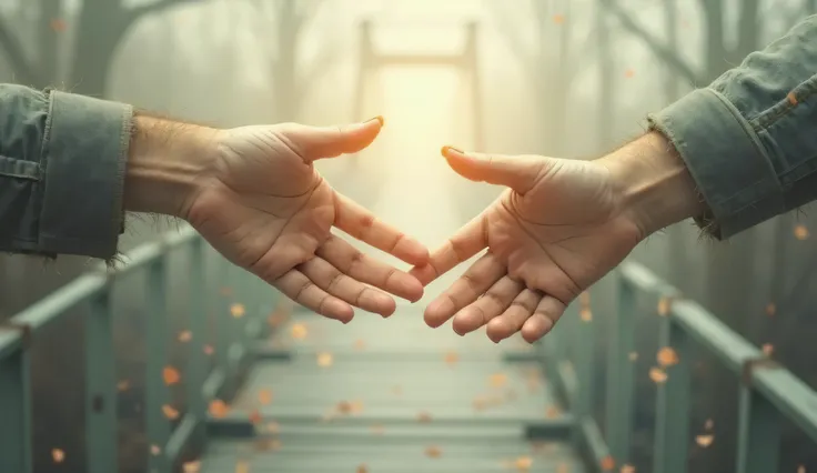 A hand reaching out to another hand, with a bridge or ladder symbolizing connection and support.