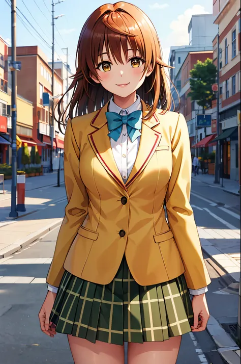 masterpiece, best quality, highres, aariko, long hair, brown eyes, school uniform, blue bowtie, blazer, yellow jacket, long sleeves, plaid skirt, green skirt, standing, cowboy shot, smile, outdoors,glossy lips