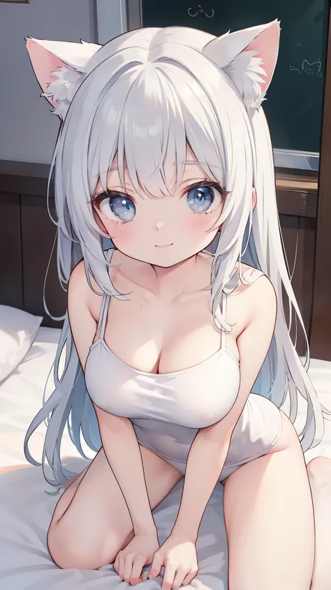 (  Masterpiece  ,    best quality   : 1.4),  Detailed background  ,  room,  soft long hair    ,    light blue eyes ,    cute face ,    shy facial expression   ,  smile,   casual outfit ,  white t-shirt and white briefs, bare shoulder .  dynamic corner ,   ...