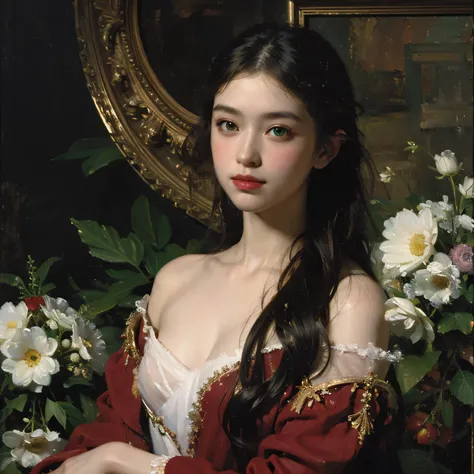 (oil painting:1.5),
\\
a woman with (red long curtly hair ), ((green eyes)) winter, mountain a field of  flowers, (amy sol:0.248), nude , with red dress,  (stanley artgerm lau:0.106), (a detailed painting:0.353), (gothic art:0.106)