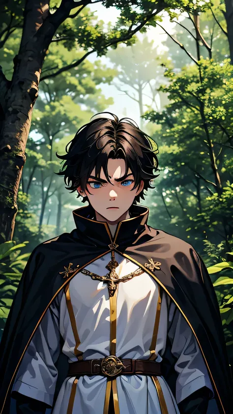 20-year-old boy, short, disheveled black hair. Blue eyes. Angry. White skin. Dressed in old medieval clothes, European style. Inside a forest full of fantasy, with vibrant and striking colors. Fantasy decoration.