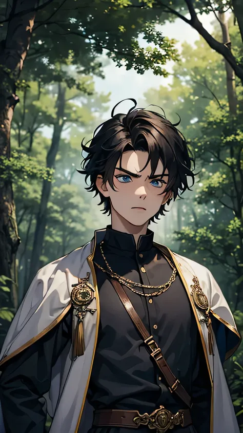 20-year-old boy, short, disheveled black hair. Blue eyes. Angry. White skin. Dressed in old medieval clothes, European style. Inside a forest full of fantasy, with vibrant and striking colors. Fantasy decoration.