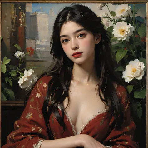 (oil painting:1.5),
\\
a woman with (red long curtly hair ), ((green eyes)) ain a field of  flowers, (amy sol:0.248), nude , with red dress,  (stanley artgerm lau:0.106), (a detailed painting:0.353), (gothic art:0.106)