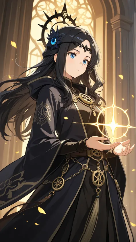 Masterpiece, Best Quality, Top Quality, Very Detailed, A mysterious warrior with piercing ice-blue eyes peers through an ornate, dark sapphire mask adorned with golden filigree. Her raven-black hair flows behind her, catching the ambient glow of scattered ...