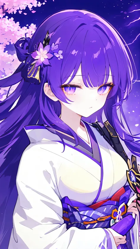 Masterpiece, Best Quality, Top Quality, Very Detailed, A powerful warrior empress with long, flowing dark purple hair and glowing violet eyes stands amidst a field of blooming cherry blossoms. Dressed in a regal kimono-style armor adorned with intricate pa...
