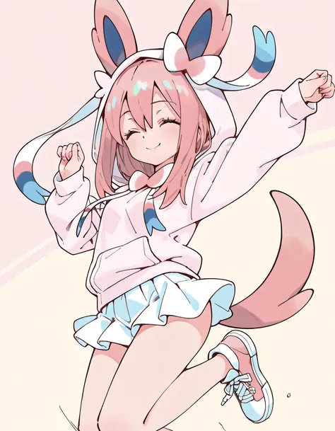 (sideview+),(dynamic jumping pose:1.3),(closed eyes smile),solo,1girl,18years old,pastel pink long straight hair,hairs between eyes,natural cosmetic,cute face,(pink sylveon(pokemon), hoodie,mini skirt),hood up,pastel pink sporrts shose,soft lineart, (paste...