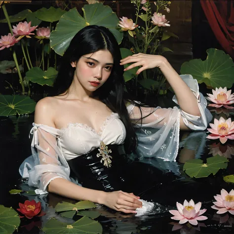 (oil painting:1.5),
\\
a woman with (long curtly hair ),  is lie on the ground, lotus, in water, (amy sol:0.248), with  dress,  (stanley artgerm lau:0.106), (a detailed painting:0.353), (gothic art:0.106)