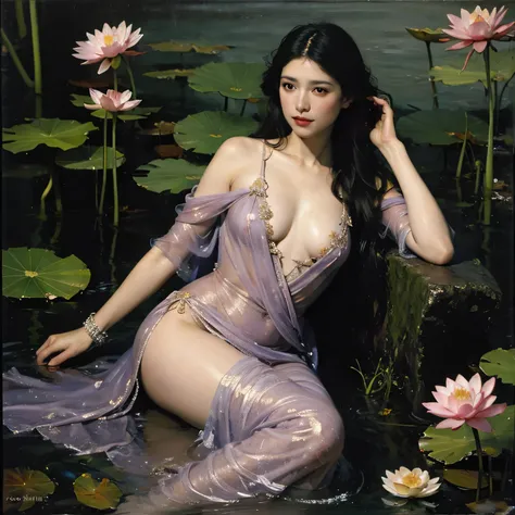 (oil painting:1.5),
\\
a woman with (long curtly hair ),  is lie on the ground, lotus, in water, (amy sol:0.248), with  dress,  (stanley artgerm lau:0.106), (a detailed painting:0.353), (gothic art:0.106)