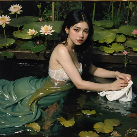 (oil painting:1.5), \\ a woman with (long curtly hair ), is lie on the ground, lotus, in water, (amy sol:0.248), with dress, (stanley artgerm lau:0.106), (a detailed painting:0.353), (gothic art:0.106)
