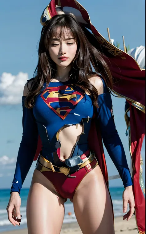  supergirlの青い光沢感のあるレオタードがズタボロに破れて胸と乳首と素肌が見えている, nsfw, supergirl, killed after losing a battle against a strong enemy ,  blood from mouth  , close eyes, expression of pain , Injury, was humiliated , I closed my eyes , Head grabbed by enemy , The arms are at...