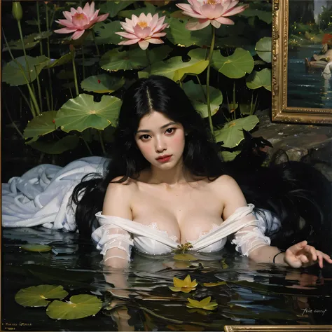 (oil painting:1.5), \\ a woman with (long curtly hair ), is lie on the ground, lotus, in water, (amy sol:0.248), with dress, (stanley artgerm lau:0.106), (a detailed painting:0.353), (gothic art:0.106)
