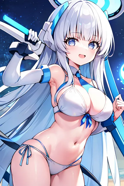 1 robot girl , With long white hair, blue eyes, with big breasts, in a white bikini having fun on the beach, at night , and uses a blue-colored plasma sword