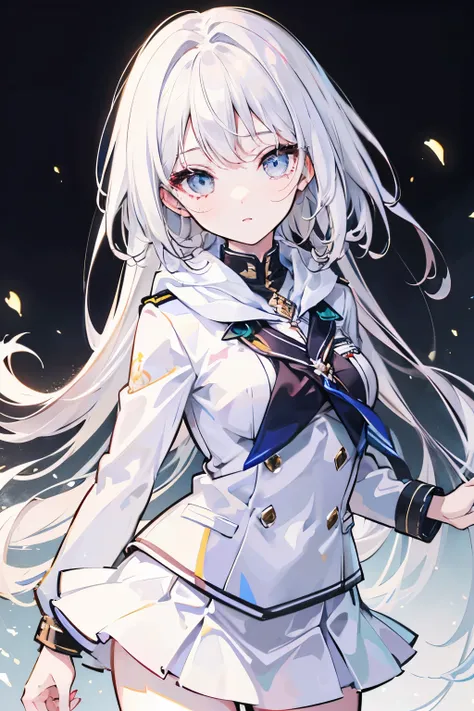  girl　beautiful　white hair　cute　eyes　 's Uniform with Short Skirts 　white skirt　 white hoodie　has realistic lighting　My hair is thin　 I have long hair　White eyes　masterpiece