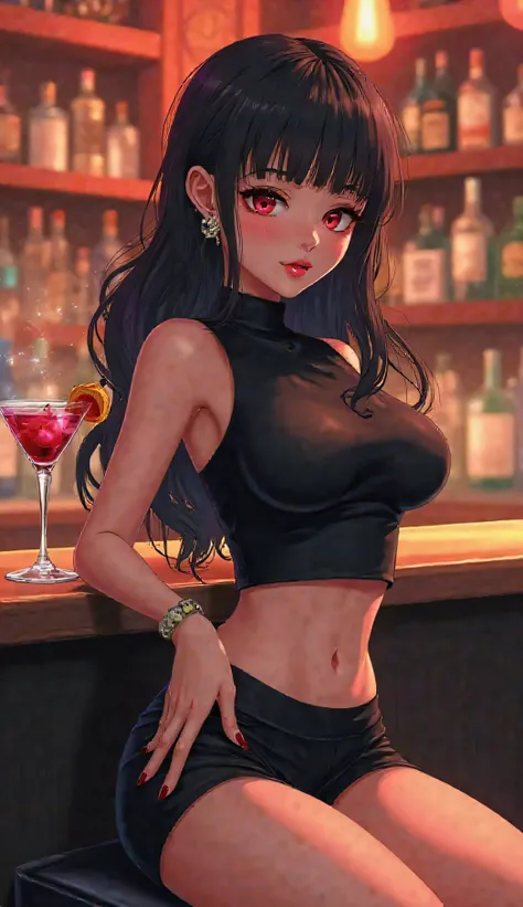 Anime, a rich lady wearing a black tight sleeveless crop top and a black short. her hair is black long and wavy, adorned with earrings. her eyes are red, and has an eyeliner her lips have a pinkish lipstick. she's about 18 to 20 years of age. the backgroun...