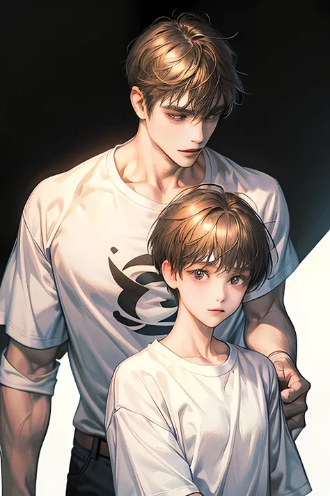 Man and man, couple taking pictures ,color set,, a man wearing a white shirt, ..,A man wears a single set of clothes.,Man and manยิ้ม,heart,Parts, t-shirt, 
brown hair, simple background,  short hair ,  black hair, Chill, 