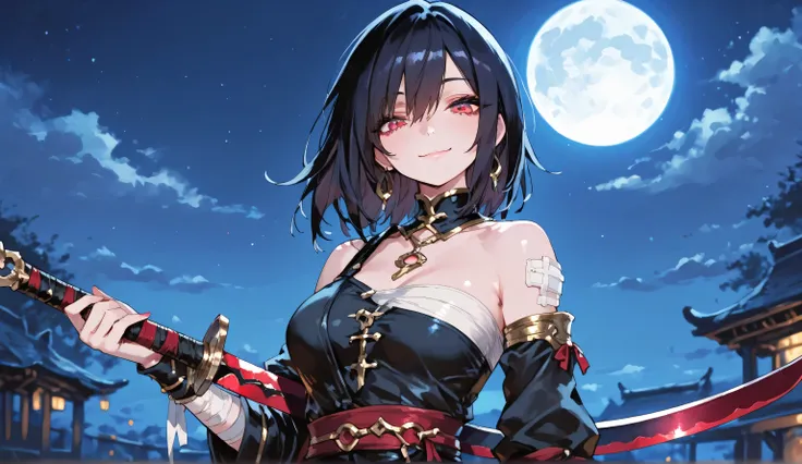 masterpiece, best quality, perfect features, 1girl, solo,looking at viewer, standing, upper body, smile, holding, holding weapon, weapon, night, sky, full moon, depth of field,bandages, bare shoulders, asymmetrical clothes, jewelry, masterpiece, best qual...