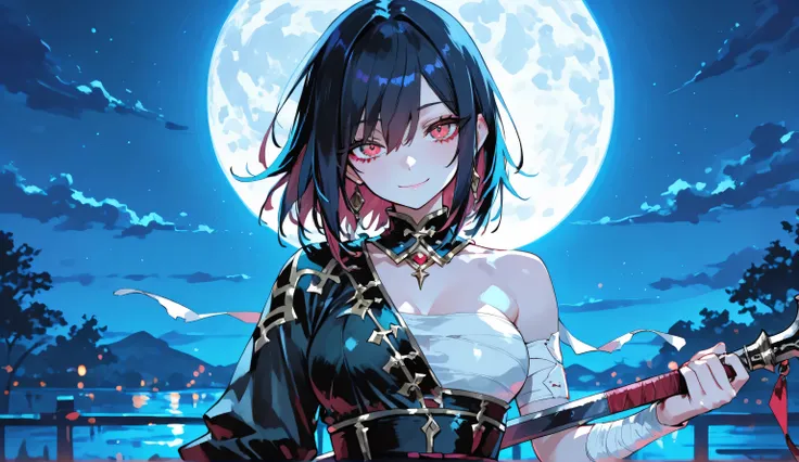 masterpiece, best quality, perfect features, 1girl, solo,looking at viewer, standing, upper body, smile, holding, holding weapon, weapon, night, sky, full moon, depth of field,bandages, bare shoulders, asymmetrical clothes, jewelry, masterpiece, best qual...